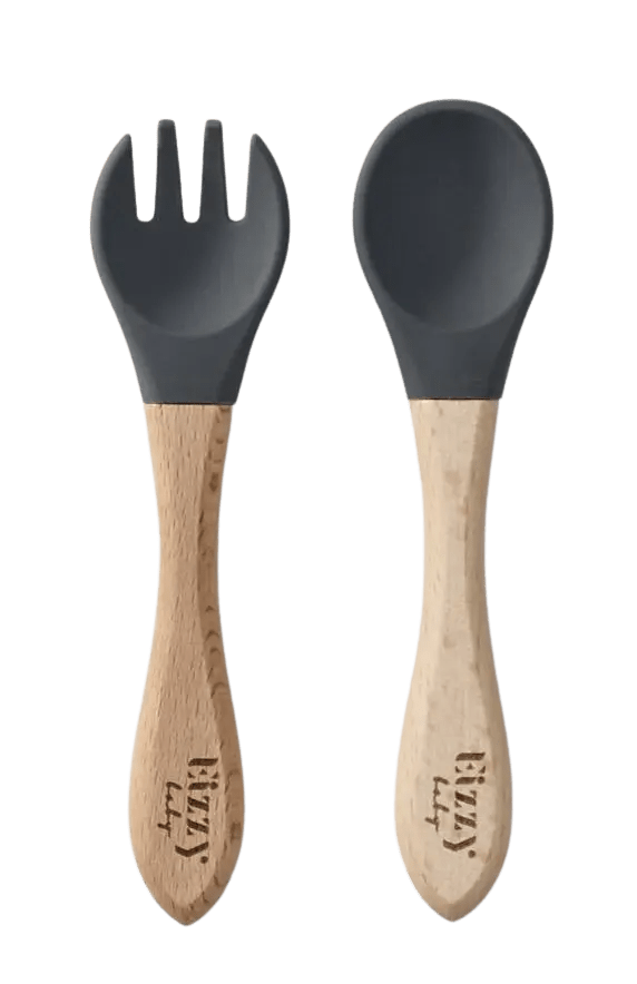 Eizzy Baby Bamboo Spoon and Fork Set (Dark Grey) - 