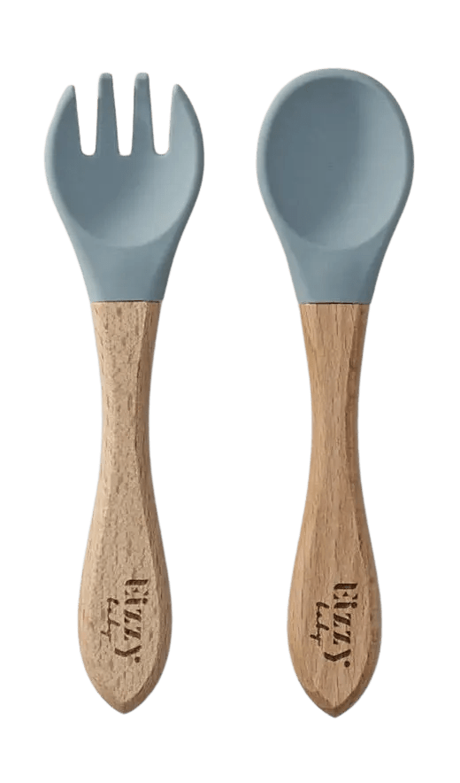 Eizzy Baby Bamboo Spoon and Fork Set (Muted Blue) - 