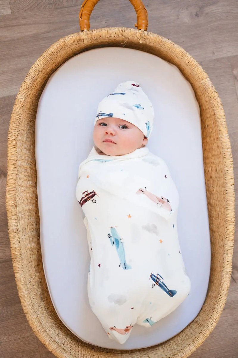Harp Angel Boutique Bamboo Stretch Swaddle with Vintage Airplane Design for Cozy Babies - 