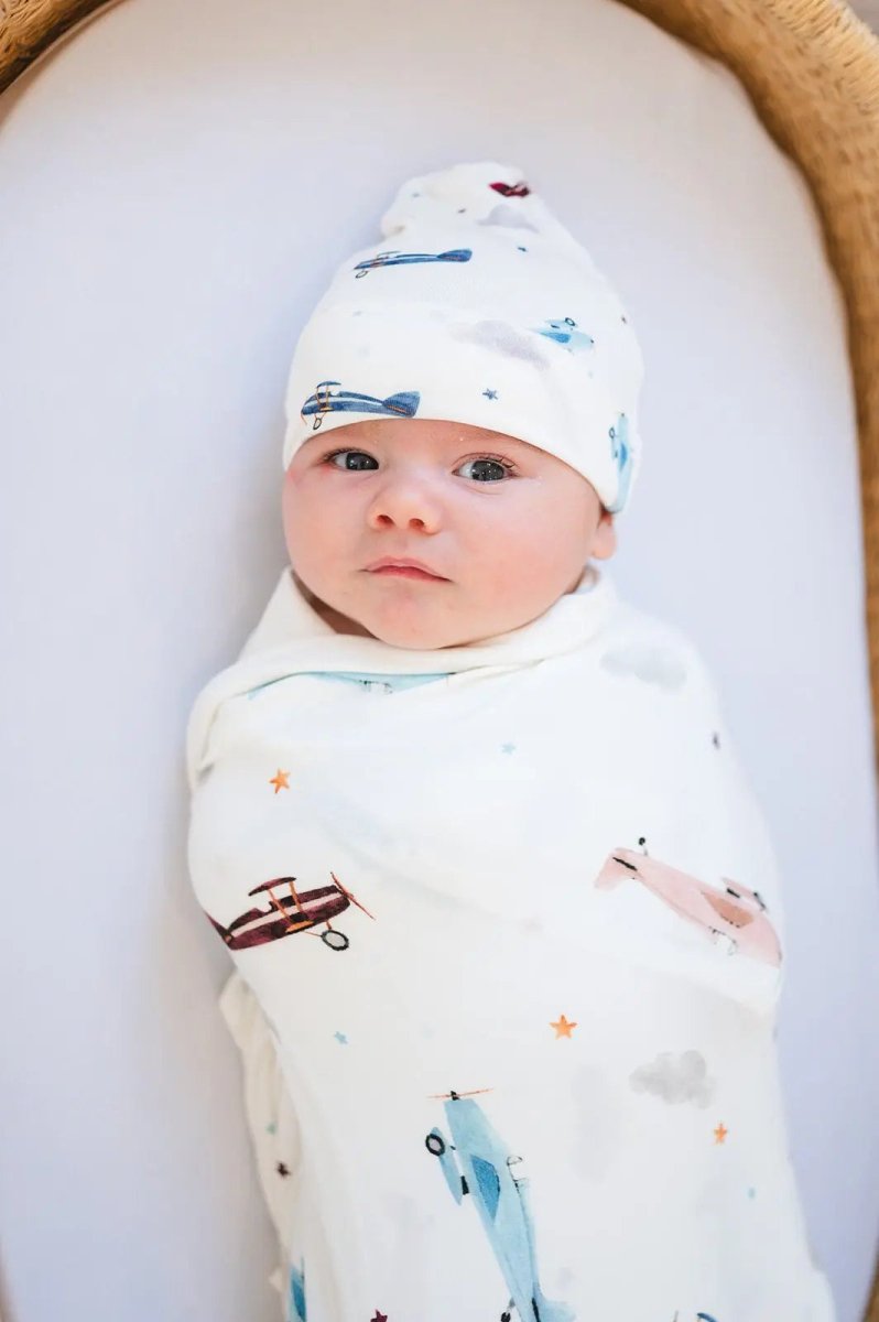 Harp Angel Boutique Bamboo Stretch Swaddle with Vintage Airplane Design for Cozy Babies - 