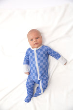 Blue Checkered Bamboo Baby Onesie | Double Zip Sleeper with Foldover Mittens & Footies by Rayn’s Tiny Stitches