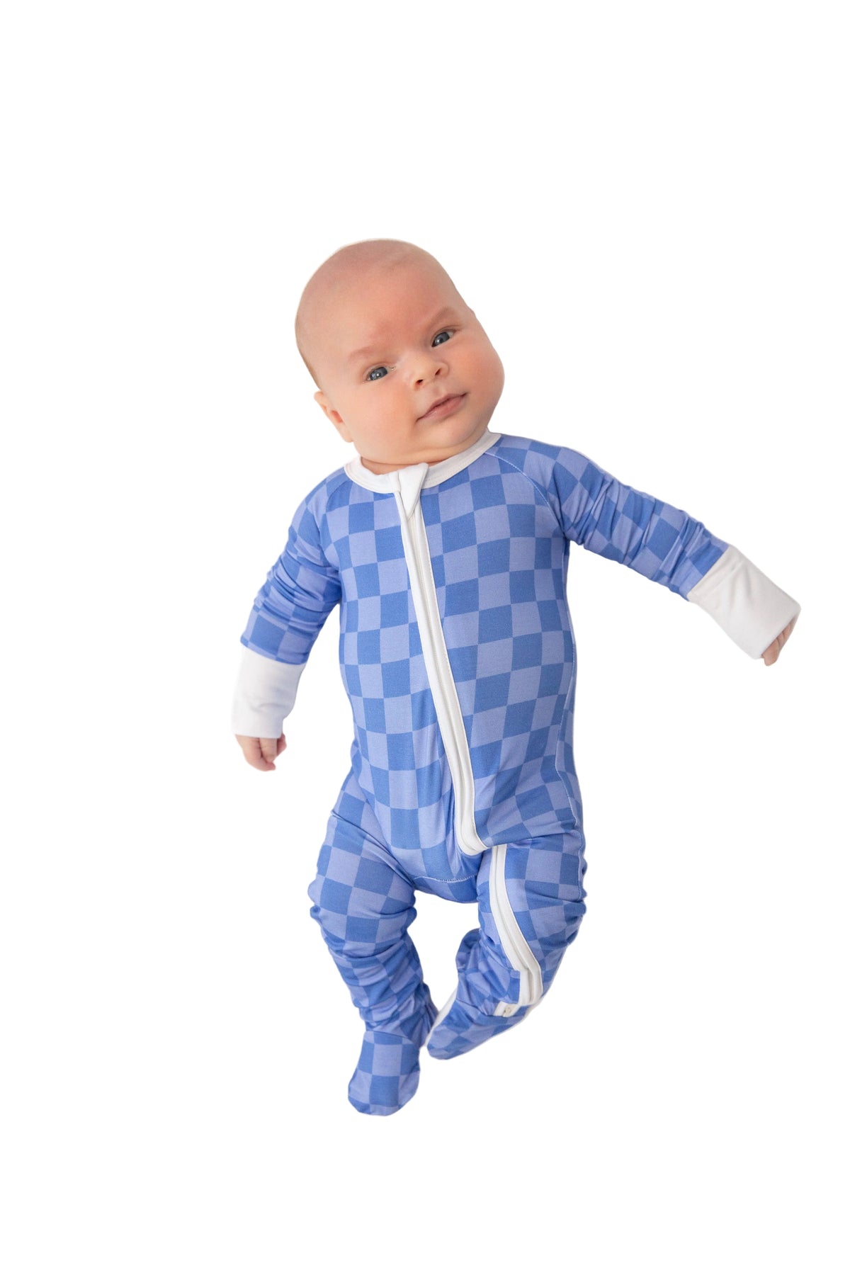 Blue Checkered Bamboo Baby Onesie | Double Zip Sleeper with Foldover Mittens & Footies by Rayn’s Tiny Stitches