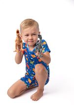 Electric Blue Space Dino Bamboo Short Pajama Set by Rayn’s Tiny Stitches