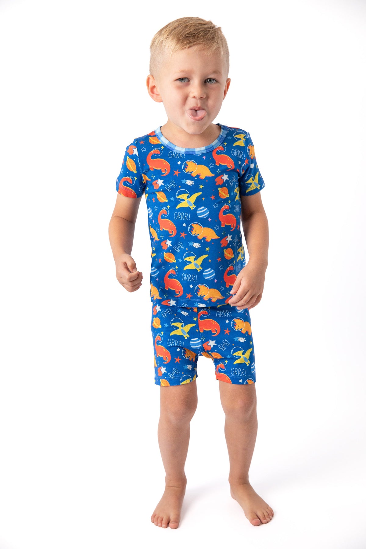 Electric Blue Space Dino Bamboo Short Pajama Set by Rayn’s Tiny Stitches
