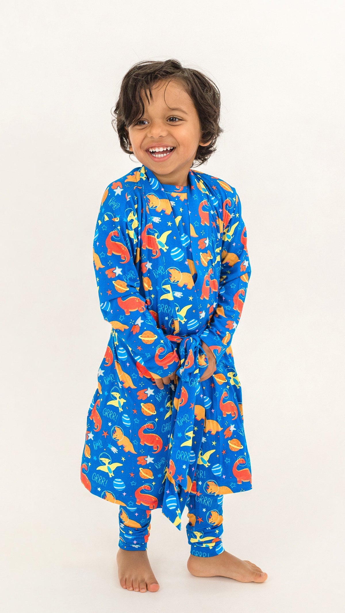 Space Dinosaur Bamboo Robe – Purple or Electric Blue by Rayn’s Tiny Stitches