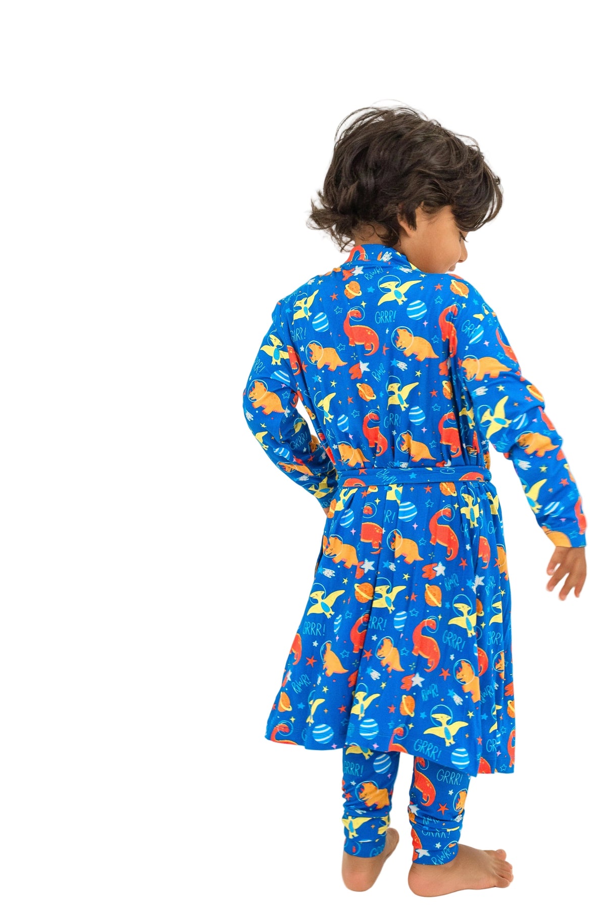 Space Dinosaur Bamboo Robe – Purple or Electric Blue by Rayn’s Tiny Stitches