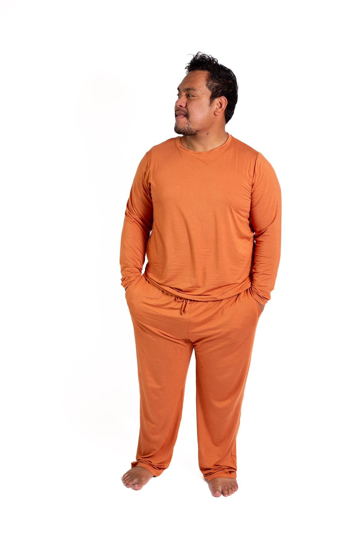 Mens Long Sleeve Solid Bamboo Pajama- Color Orange, Crew Neck by Rayn’s Tiny Stitches
