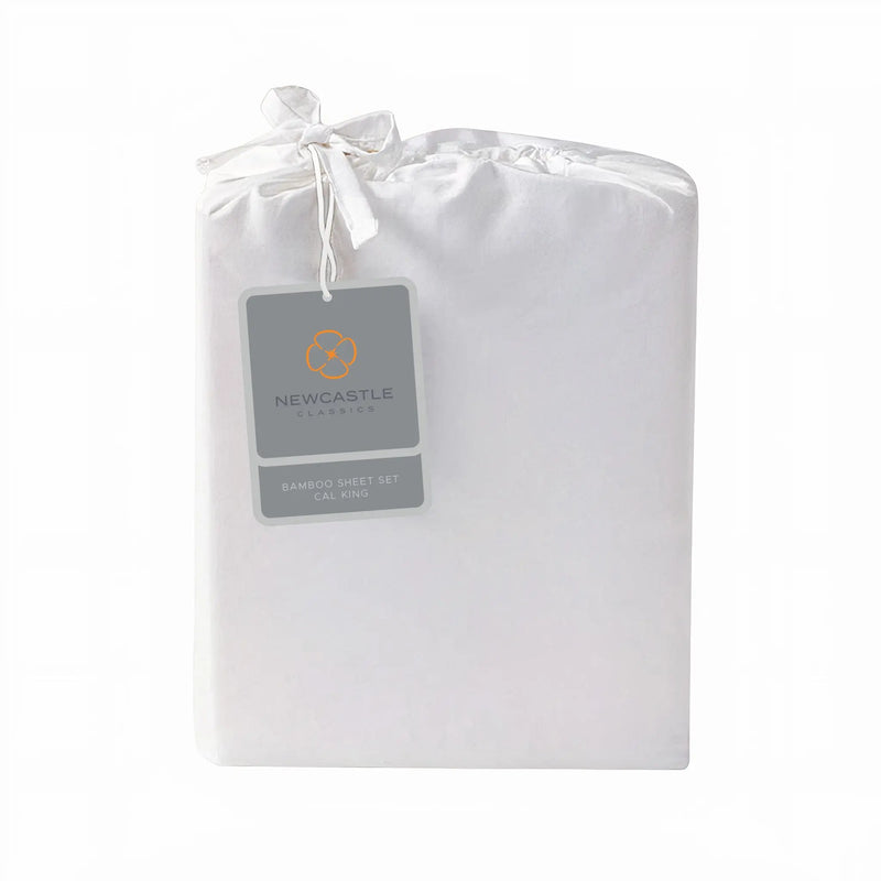 Bamboo Sheet Set in packaging, 100% bamboo, soft and durable, cooler with thermal-regulating properties, environmentally friendly.