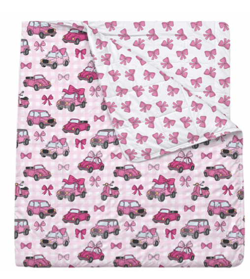 Reversible Pink Car Bamboo Toddler Blanket | 57x39 by Rayn’s Tiny Stitches