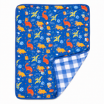 Electric Blue Space Dinosaur Reversible Bamboo Toddler Blanket by Rayn’s Tiny Stitches