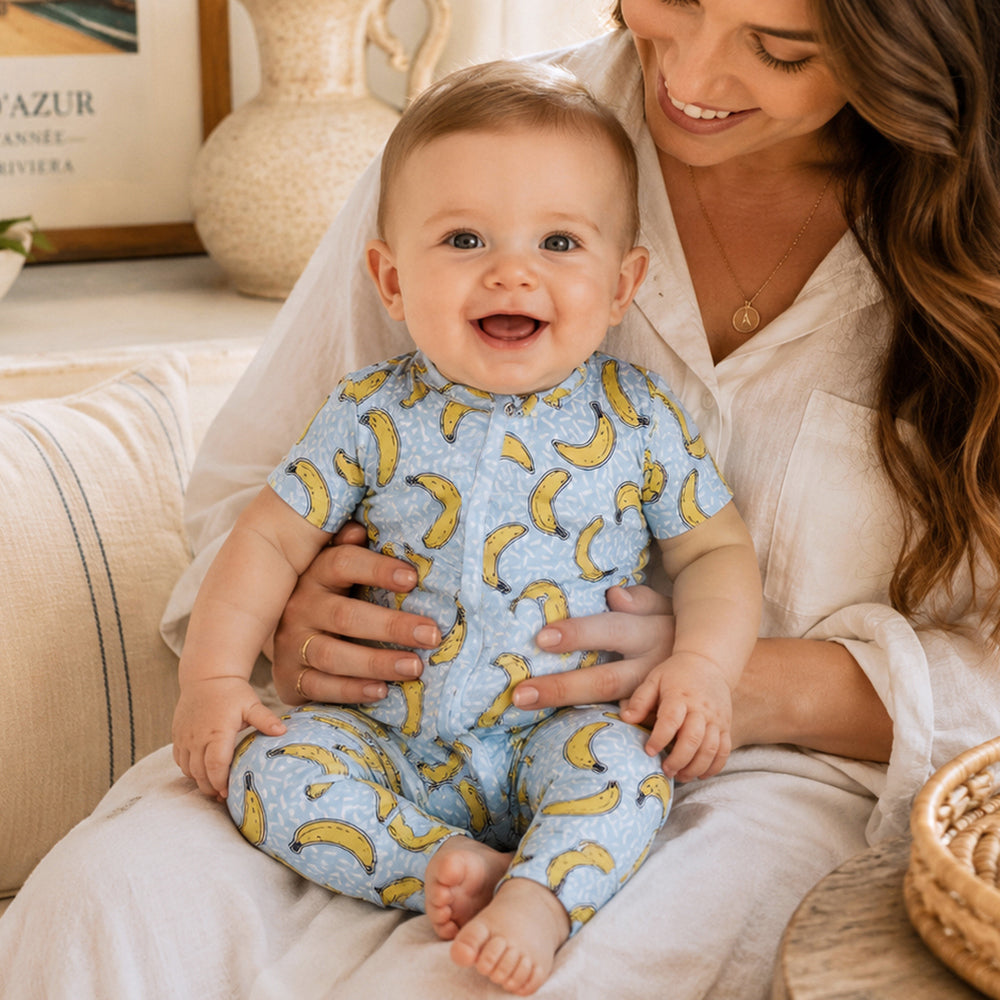 Tesa Babe organic Banana Split convertible bamboo zipper romper.