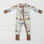 Baby convertible coverall with barnyard animal print and two-way zipper, shown with footed cuffs