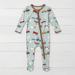 Baby footie pajamas with barnyard animal print and full-length two-way zipper