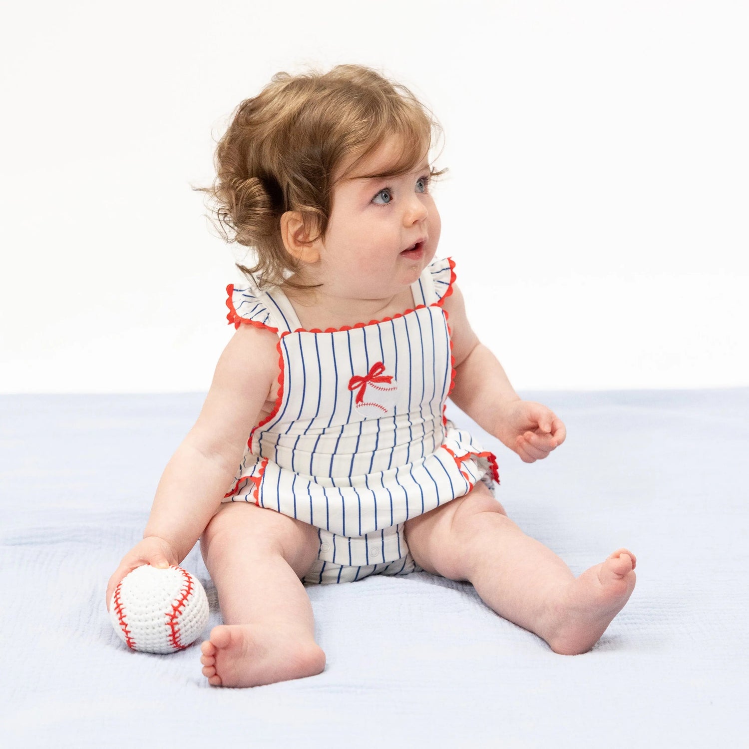 Angel Dear Baseball Stripe - Ric Rac Ruffle Sunsuit - 
