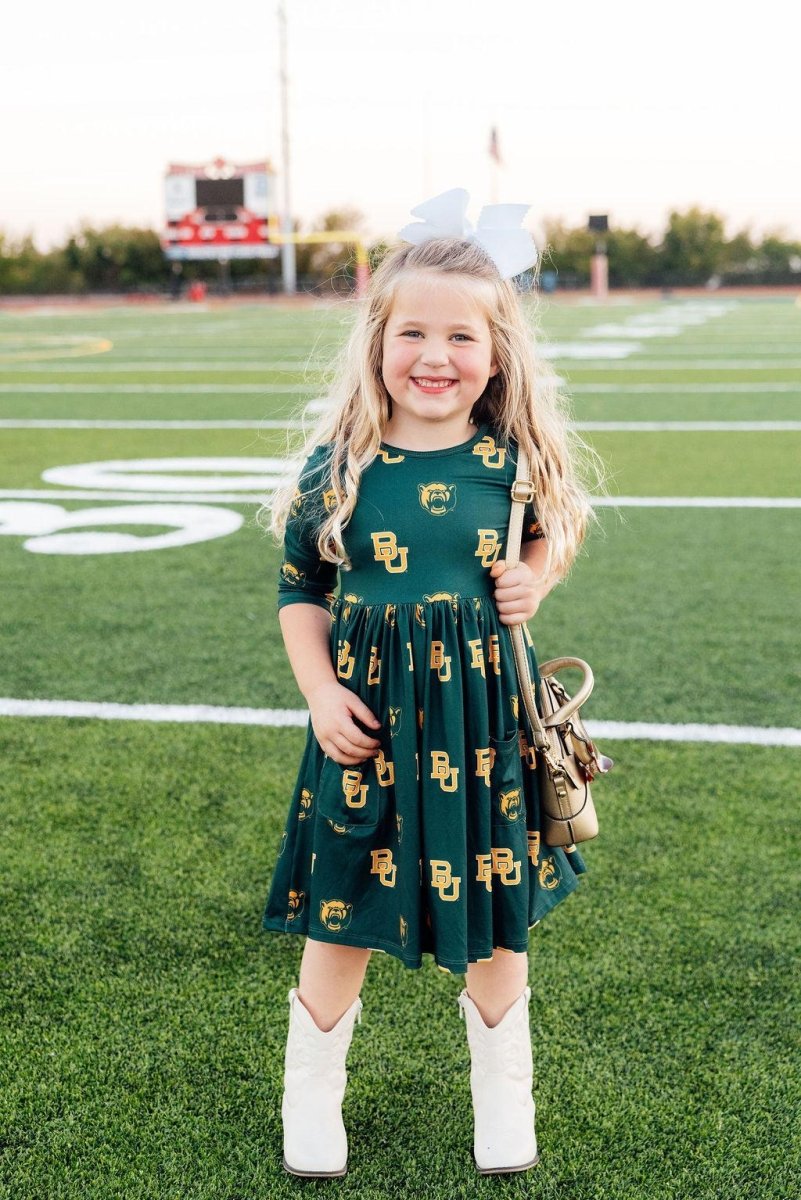 Mila & Rose ® Baylor Green Bear 3/4 Sleeve Pocket Twirl Dress - 