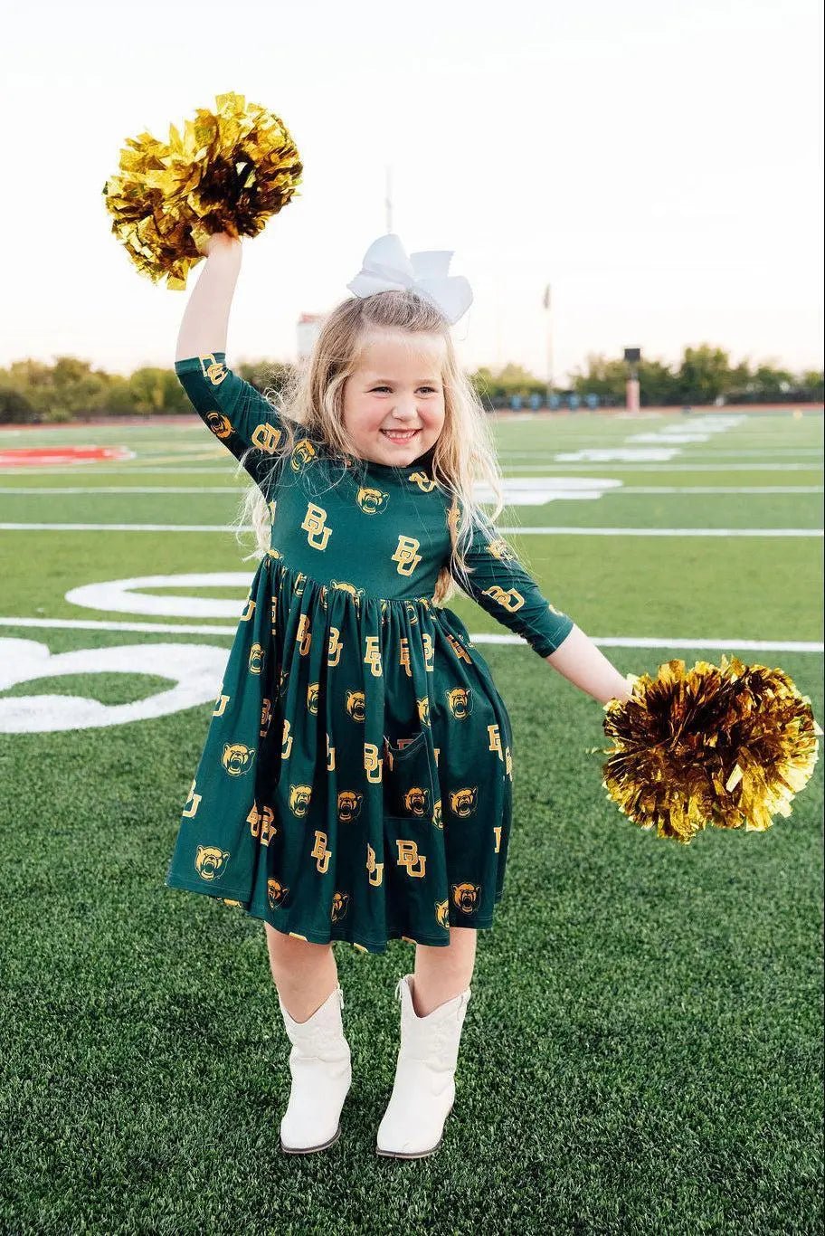 Mila & Rose ® Baylor Green Bear 3/4 Sleeve Pocket Twirl Dress - 