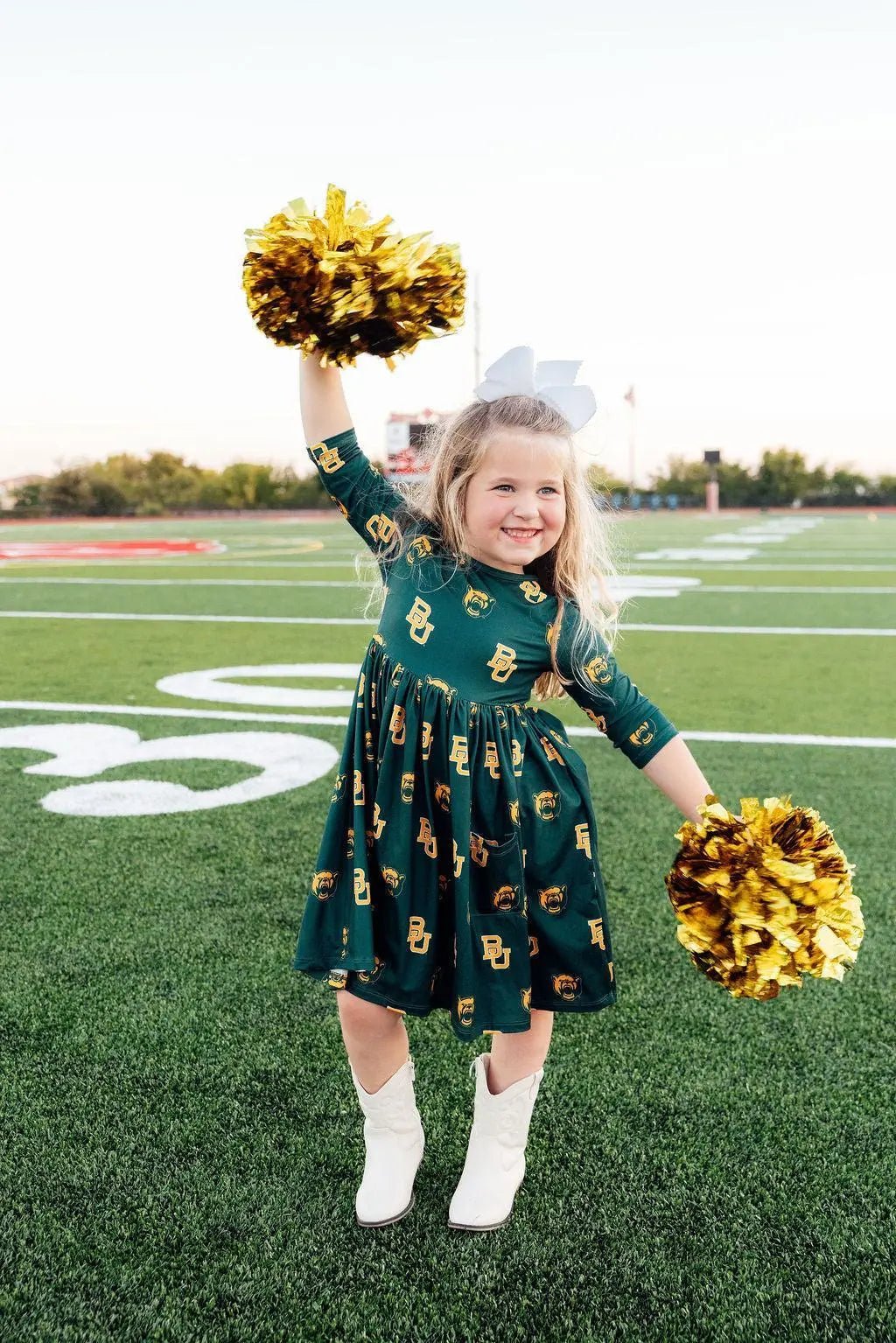 Mila & Rose ® Baylor Green Bear 3/4 Sleeve Pocket Twirl Dress - 