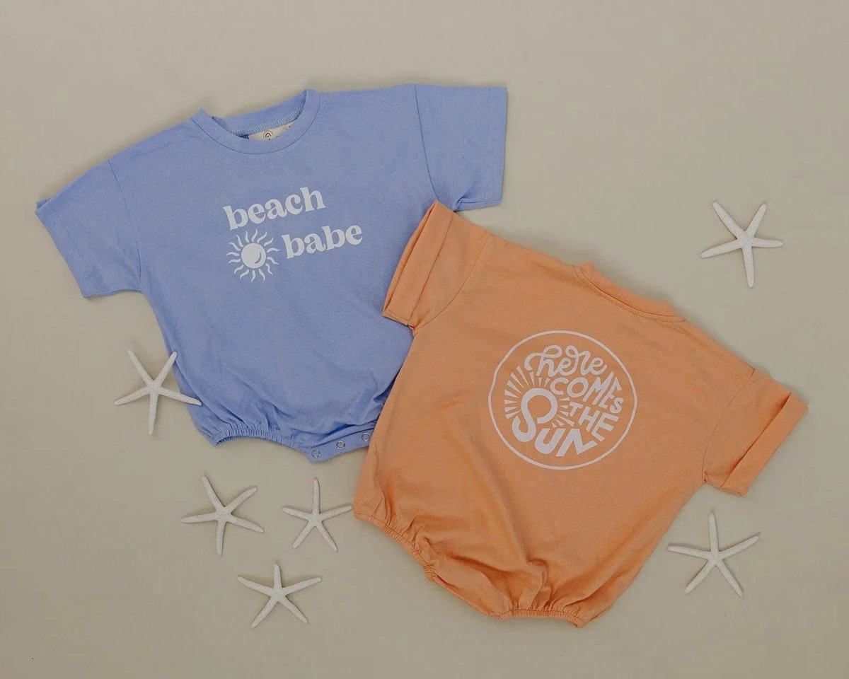 Little Joy Co. Beach Babe Cotton T Shirt Romper Snaps At Crotch Colors - Everetts Place Boutique - 
