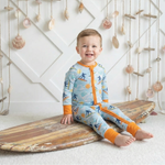 Baby convertible coverall in Beach Break print with two-way zipper and convertible feet