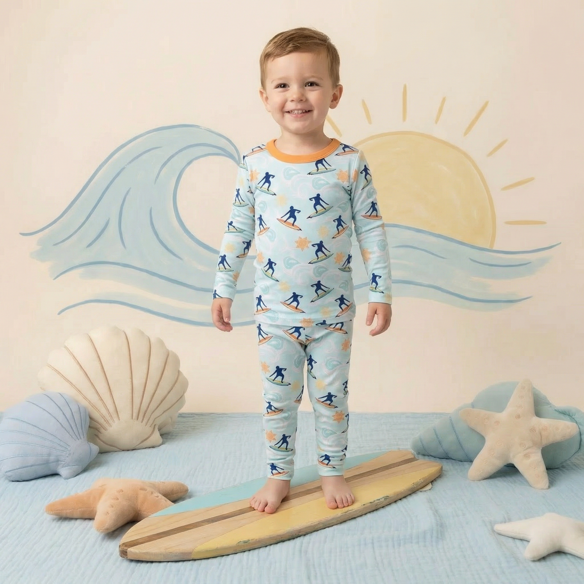 Two-piece long sleeve pajama set with matching top and pants in Beach Break print
