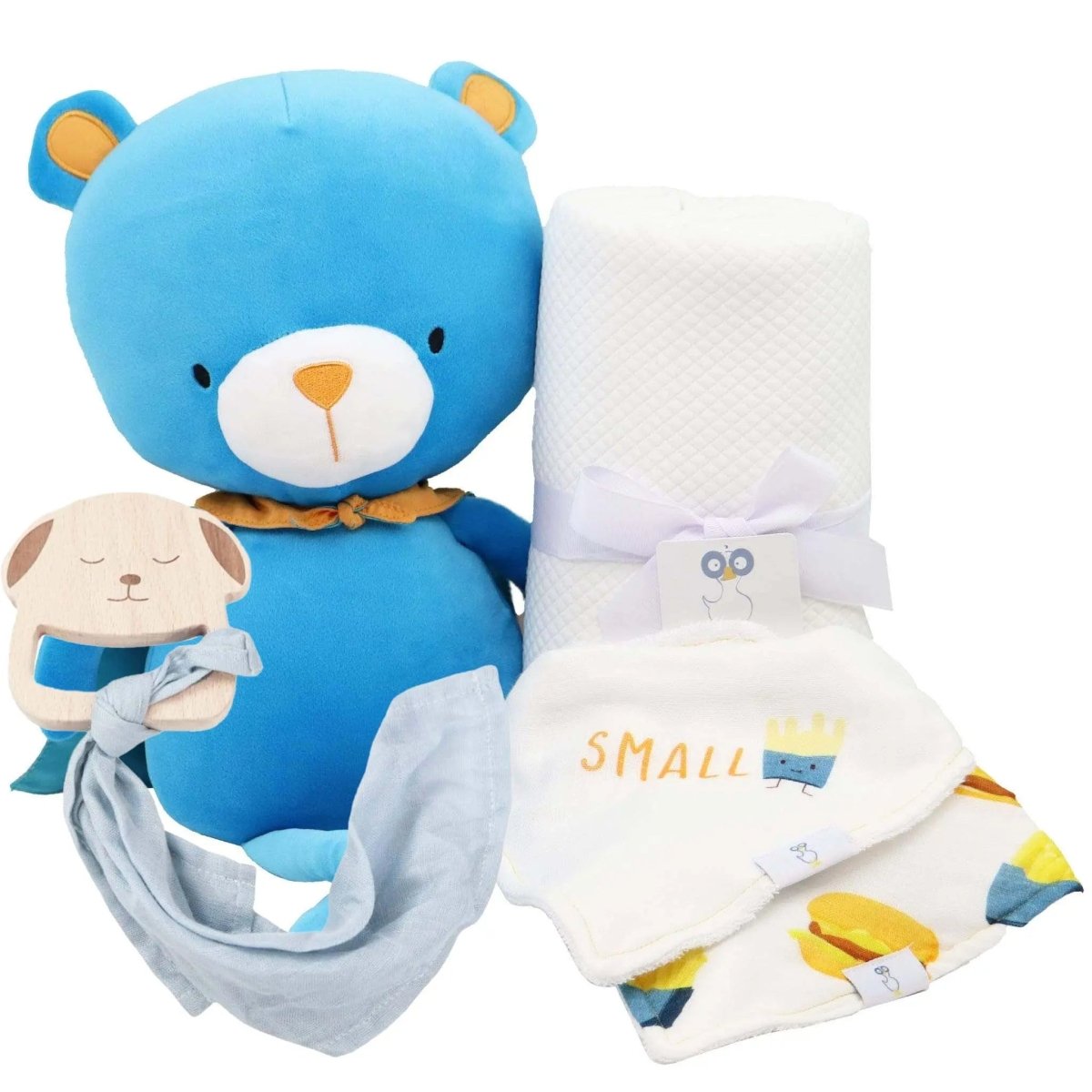Goosewaddle® | Newborn Baby Blankets Toys Teethers Bibs & More Bear Blue Gift Set with Plush Teether and Knit Blanket
