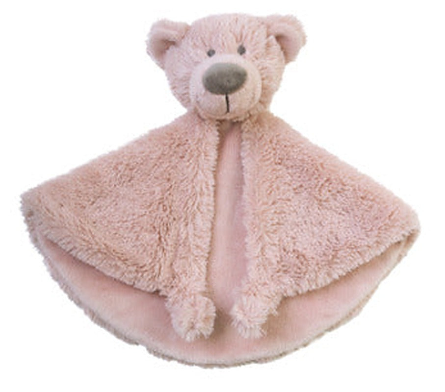 Soft plush bear comforter cloth with a small teddy bear head and flat body for a baby to hold