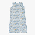 Sleeveless blue baby sleep bag with a bedtime bear print and full-length front zipper