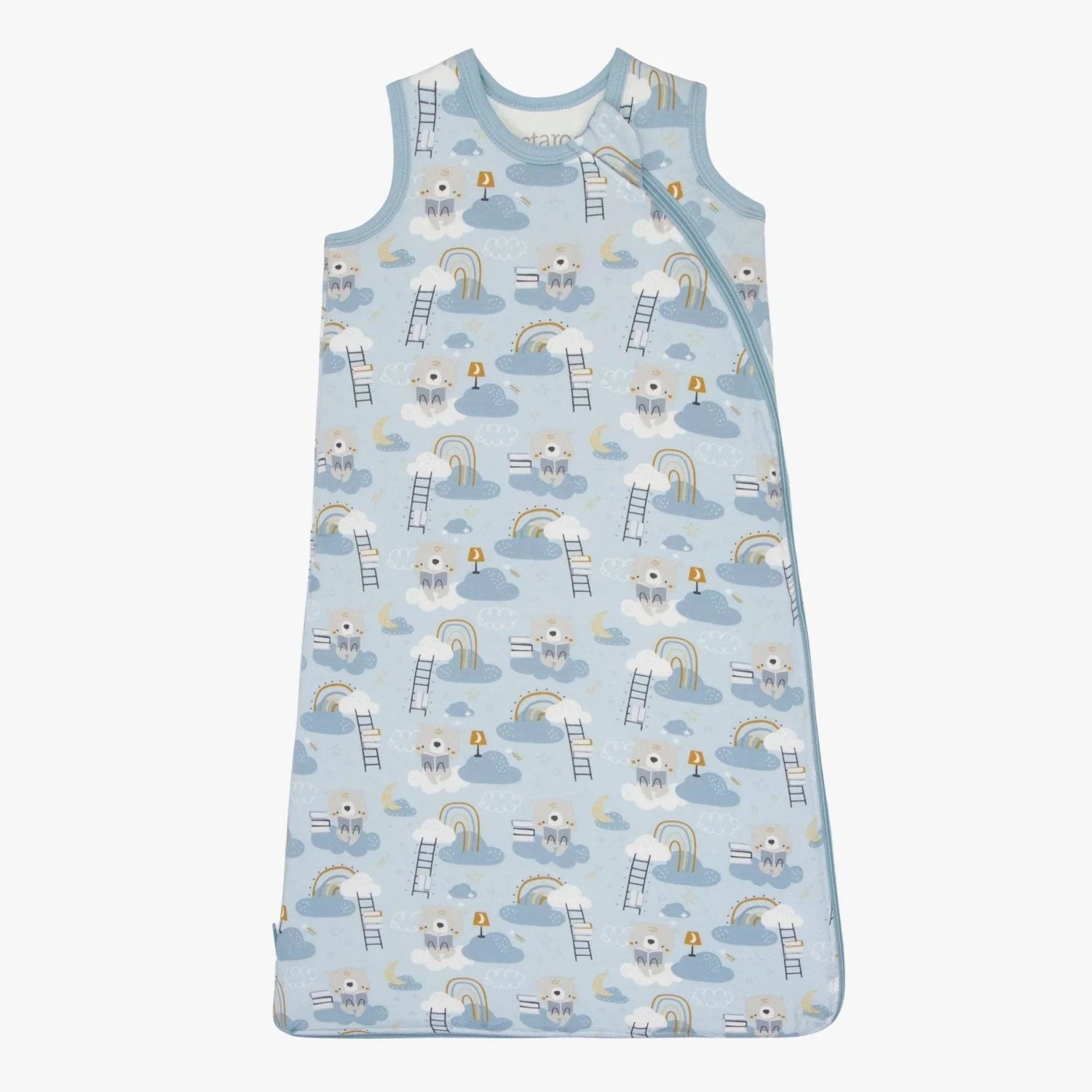 Sleeveless blue baby sleep bag with a bedtime bear print and full-length front zipper
