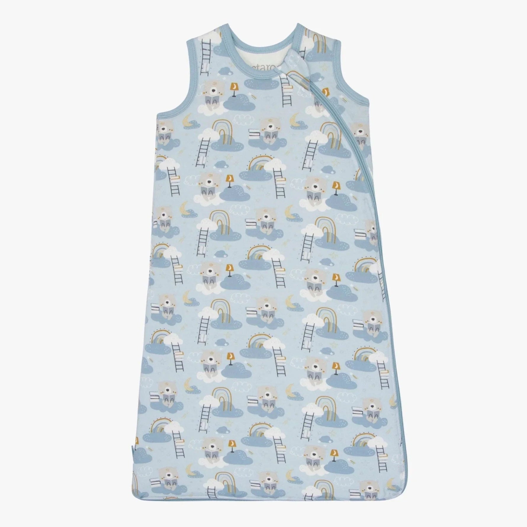 Sleeveless blue baby sleep bag with a bedtime bear print and full-length front zipper