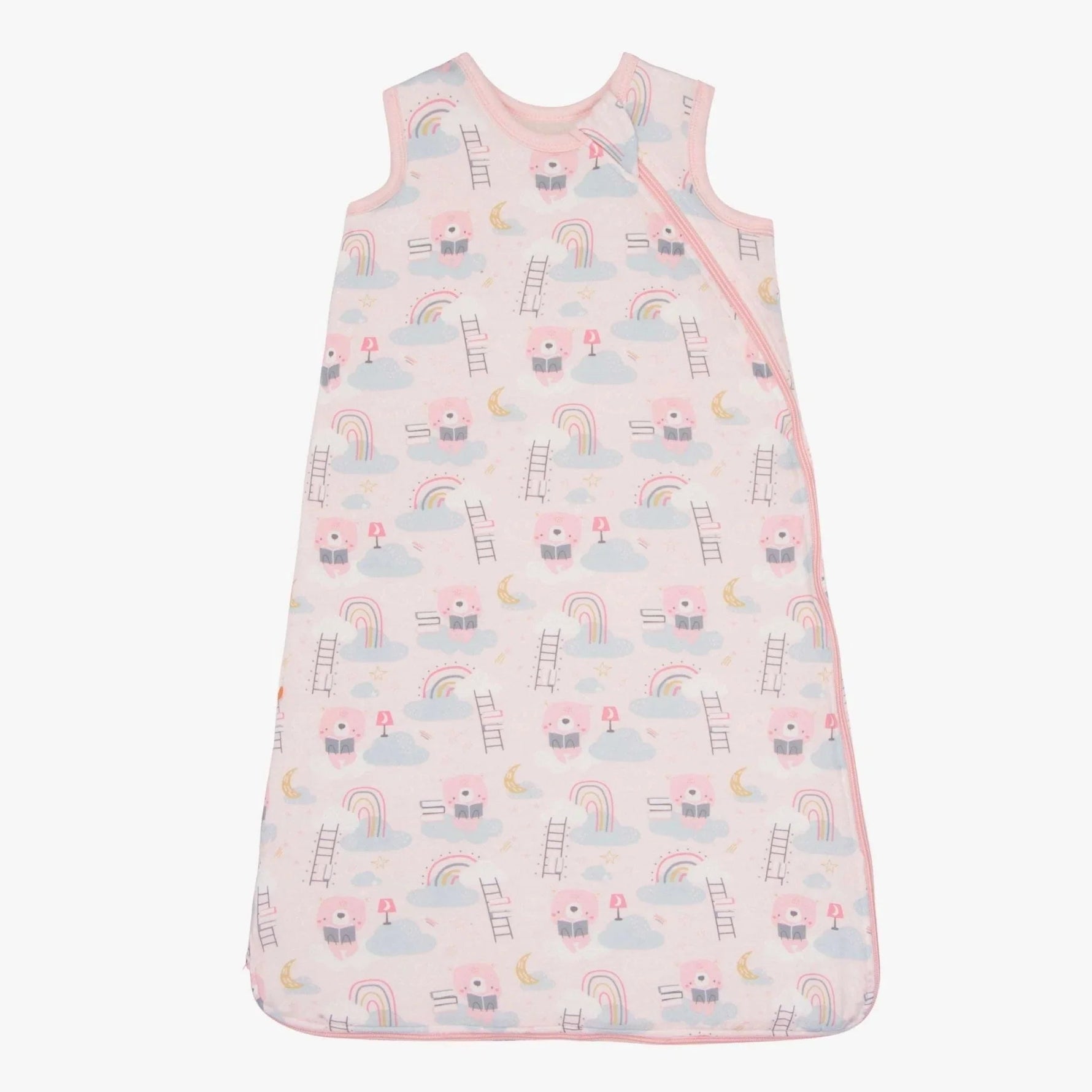 Sleeveless pink baby sleep bag with a bedtime bears print and a front zipper