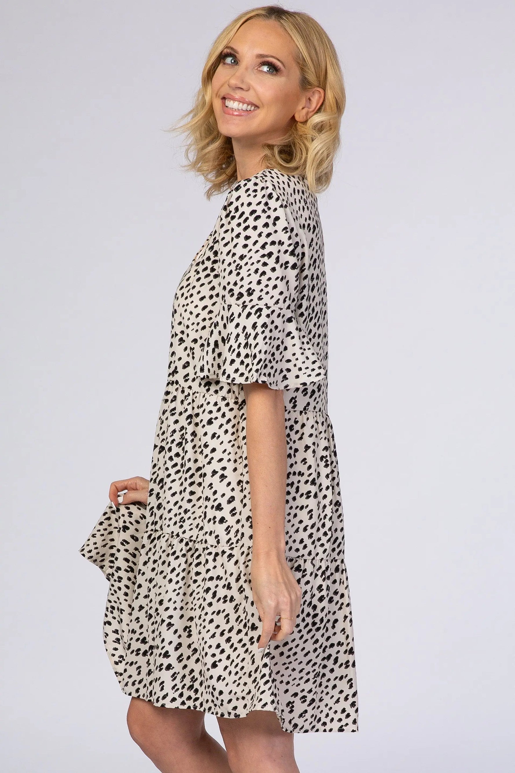 PinkBlush Beige Animal Print Ruffle Sleeve Dress - 