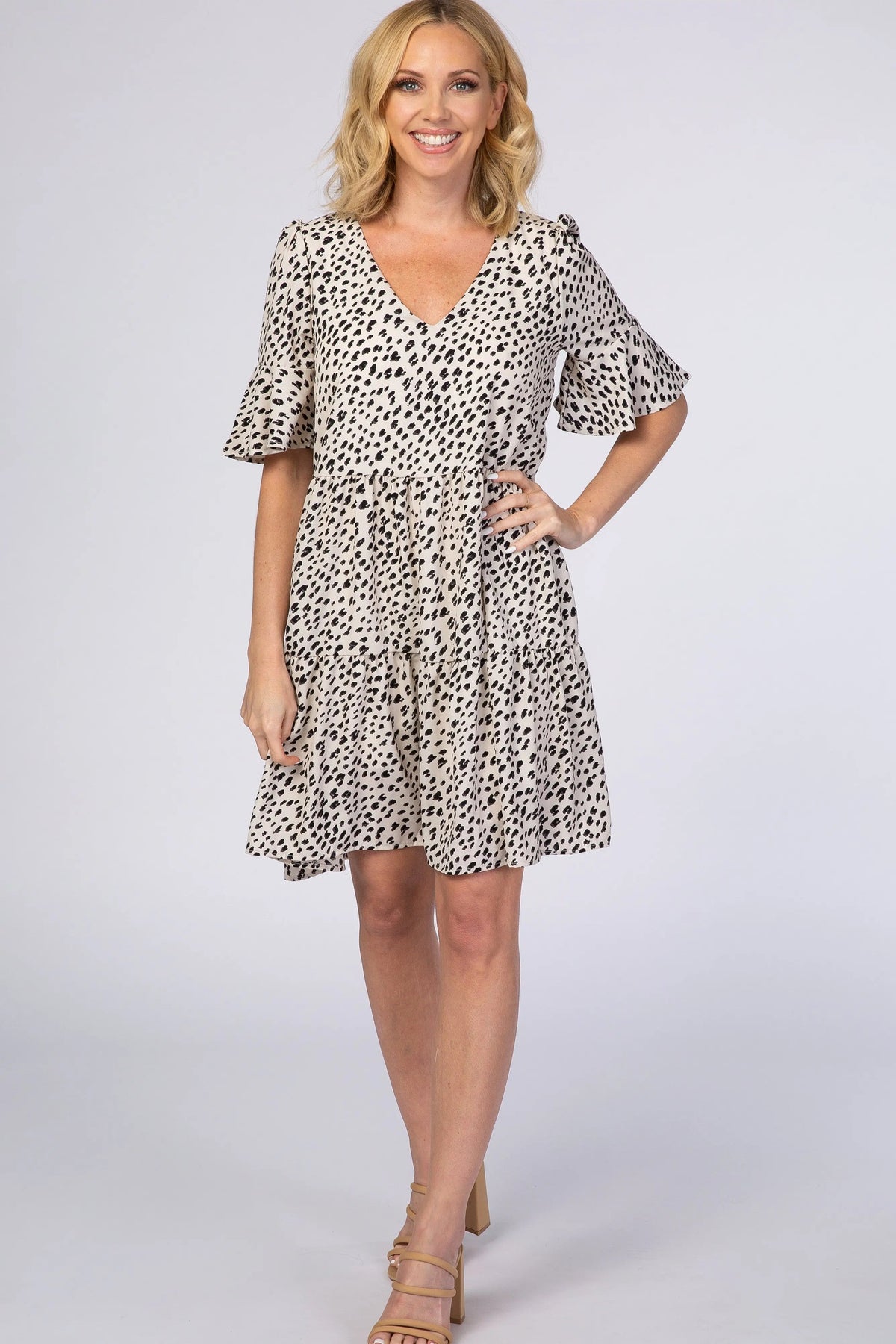PinkBlush Beige Animal Print Ruffle Sleeve Maternity Dress - 