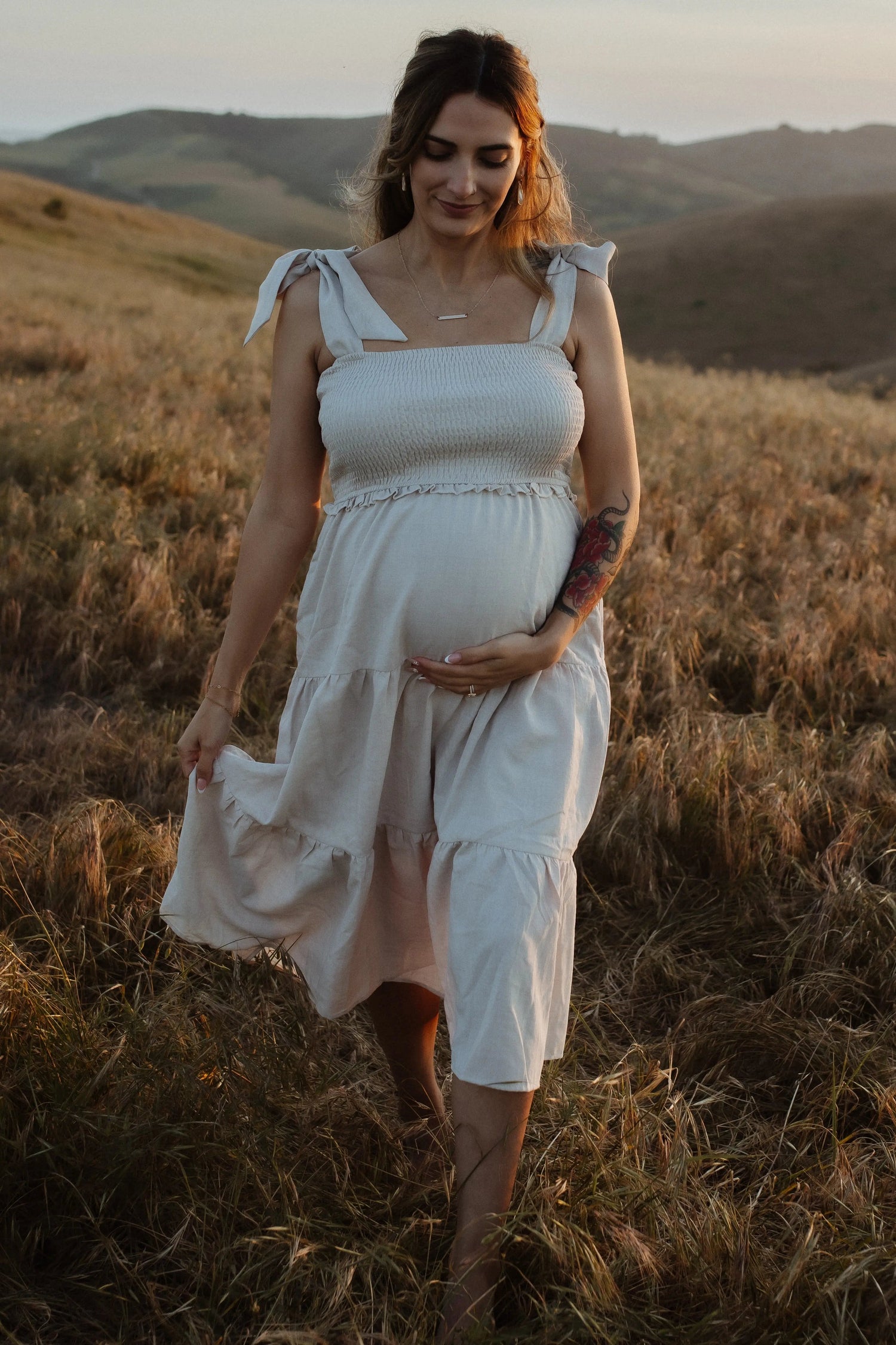 PinkBlush Beige Bow Strap Tiered Maternity Midi Dress - 