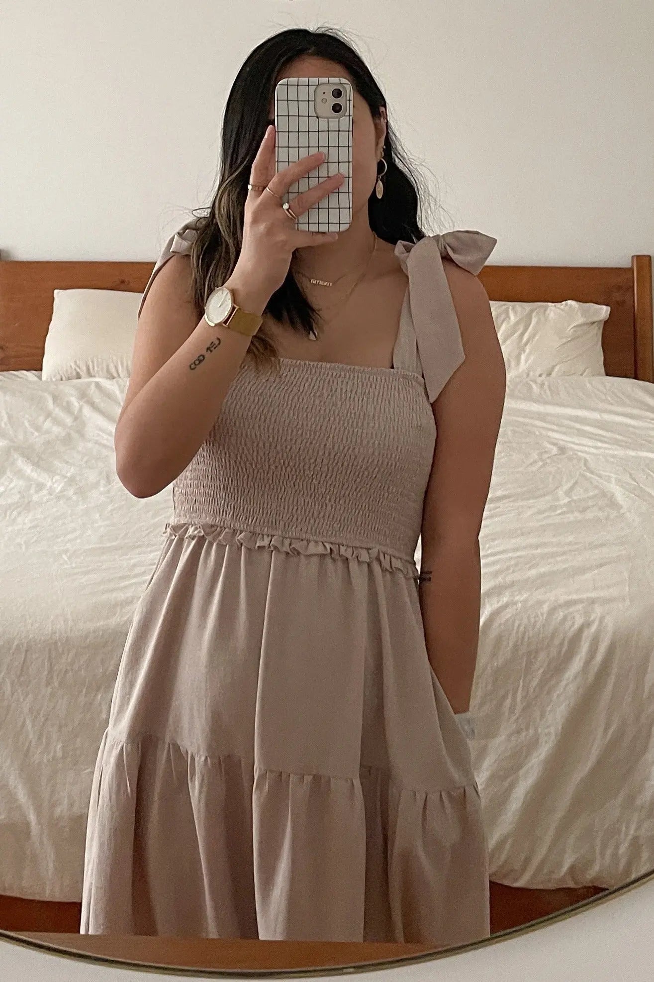 PinkBlush Beige Bow Strap Tiered Midi Dress - 