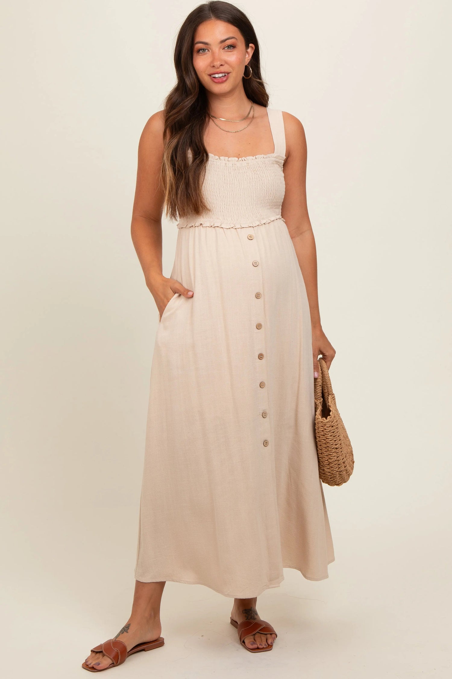 PinkBlush Beige Button Down Smocked Maternity Dress - 