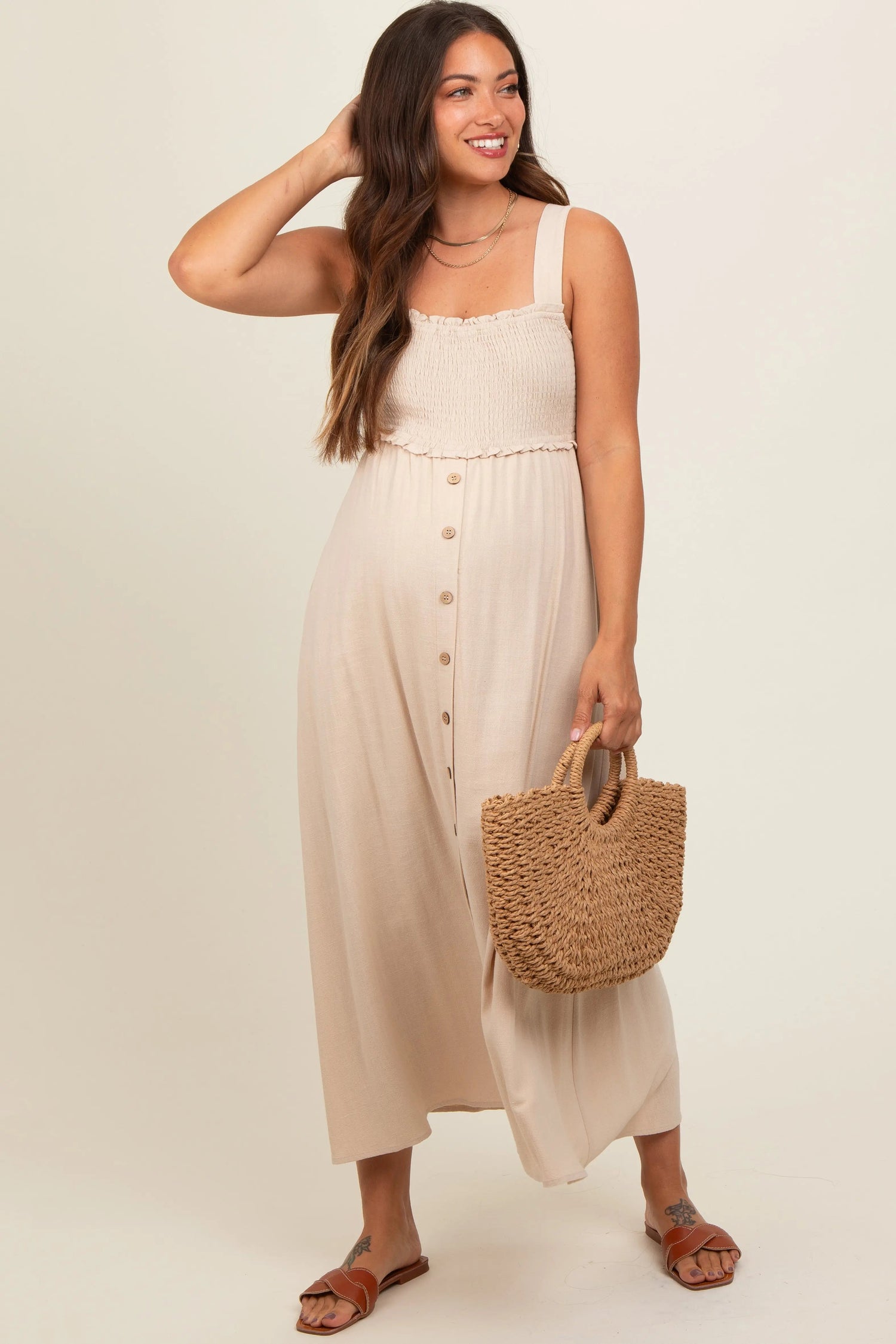 PinkBlush Beige Button Down Smocked Maternity Dress - 