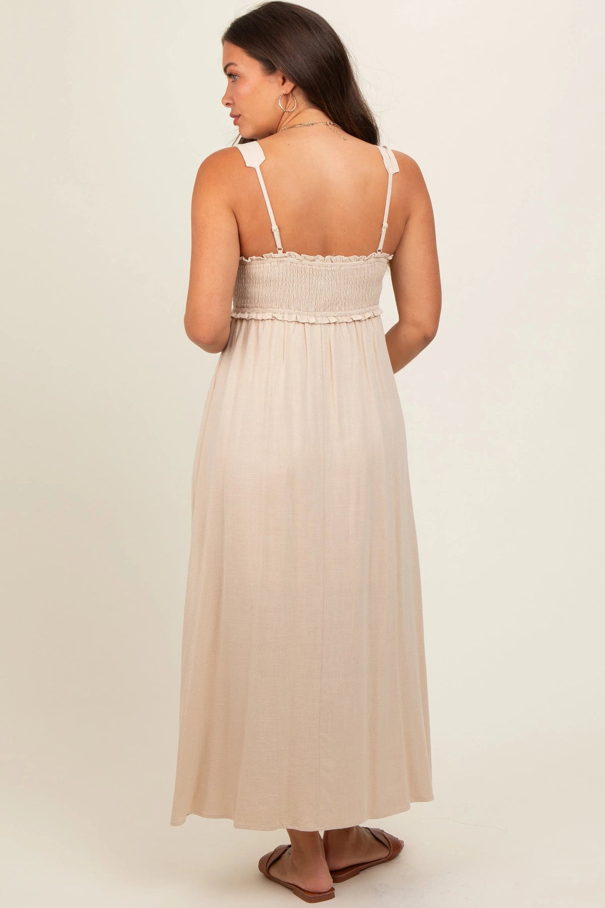 PinkBlush Beige Button Down Smocked Maternity Dress - 