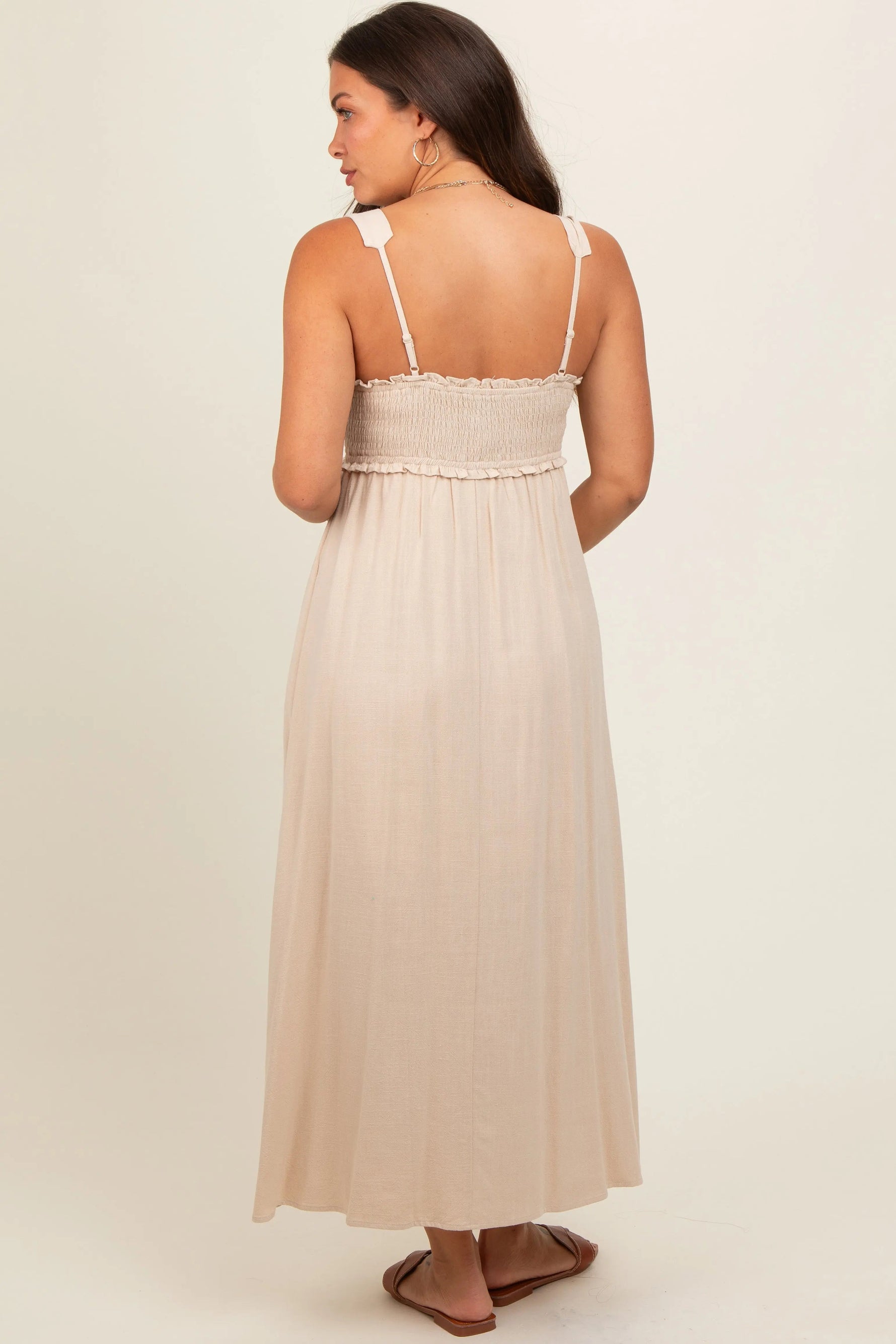 PinkBlush Beige Button Down Smocked Maternity Dress - 