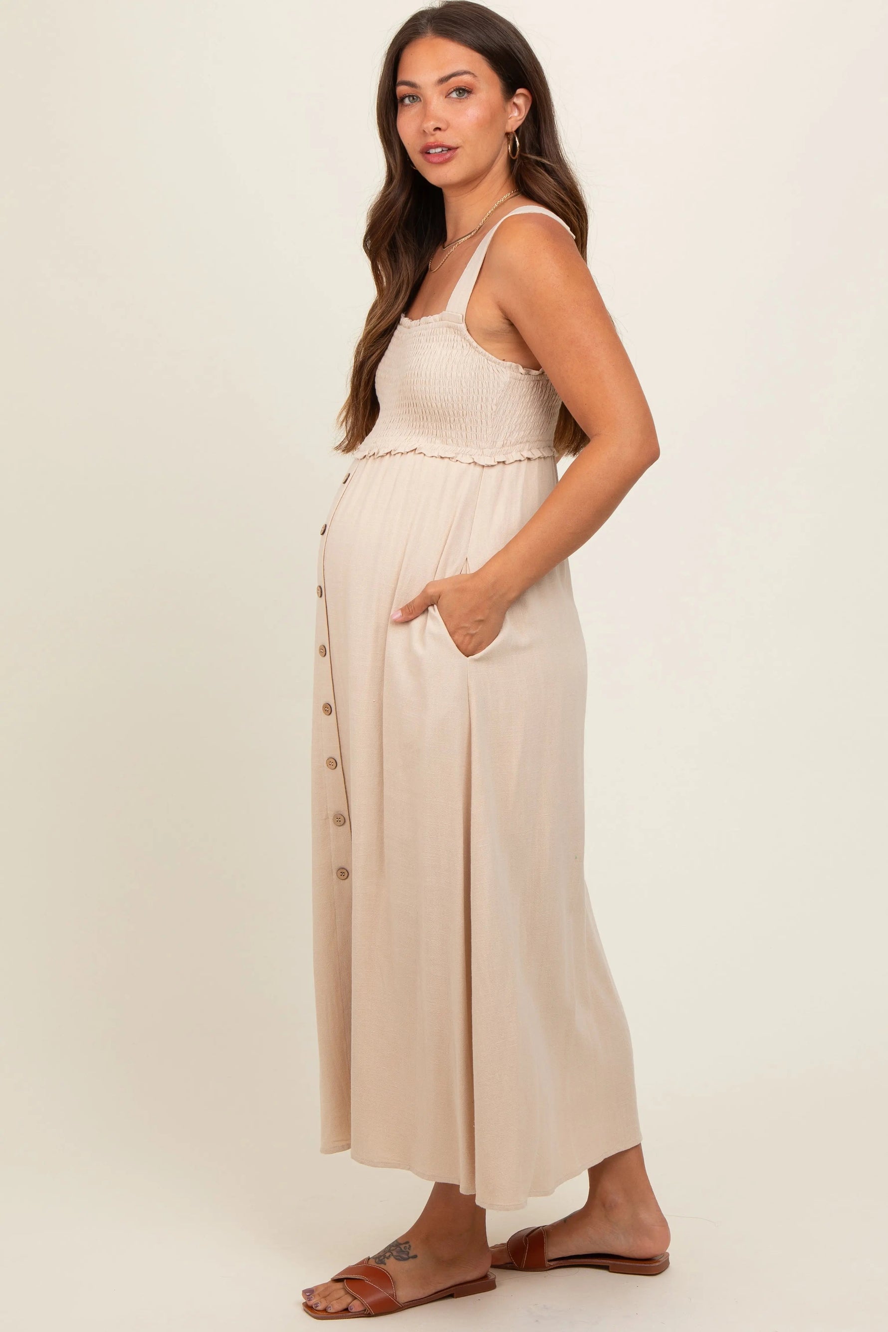 PinkBlush Beige Button Down Smocked Maternity Dress - 