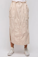 PinkBlush Beige Cargo Midi Skirt with Pockets and Adjustable Drawstring for Women - 