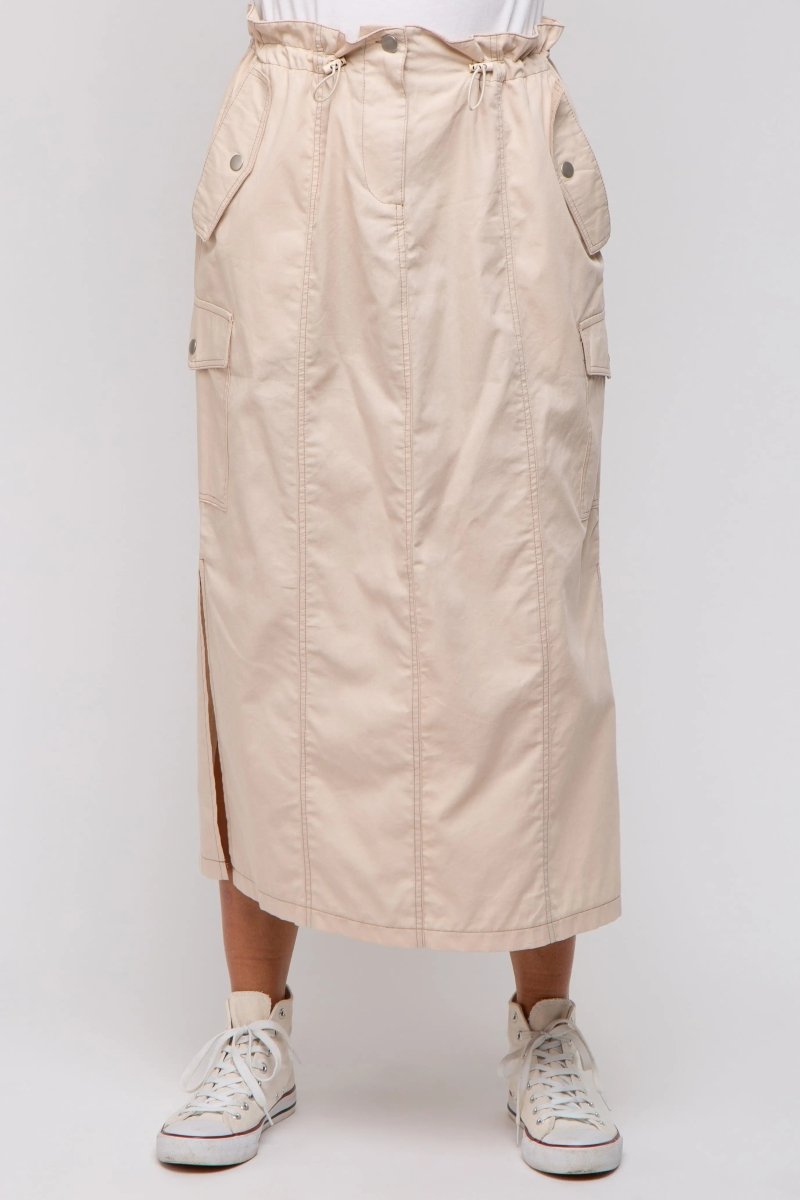 PinkBlush Beige Cargo Midi Skirt with Pockets and Adjustable Drawstring for Women - 