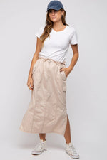 PinkBlush Beige Cargo Midi Skirt with Pockets and Adjustable Drawstring for Women - 