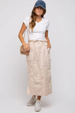 PinkBlush Beige Cargo Midi Skirt with Pockets and Adjustable Drawstring for Women - 