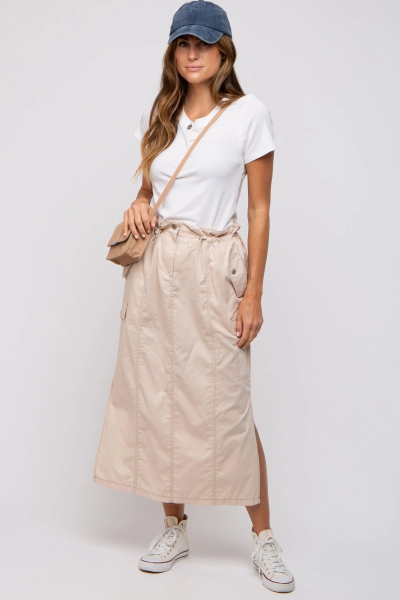 PinkBlush Beige Cargo Midi Skirt with Pockets and Adjustable Drawstring for Women - 