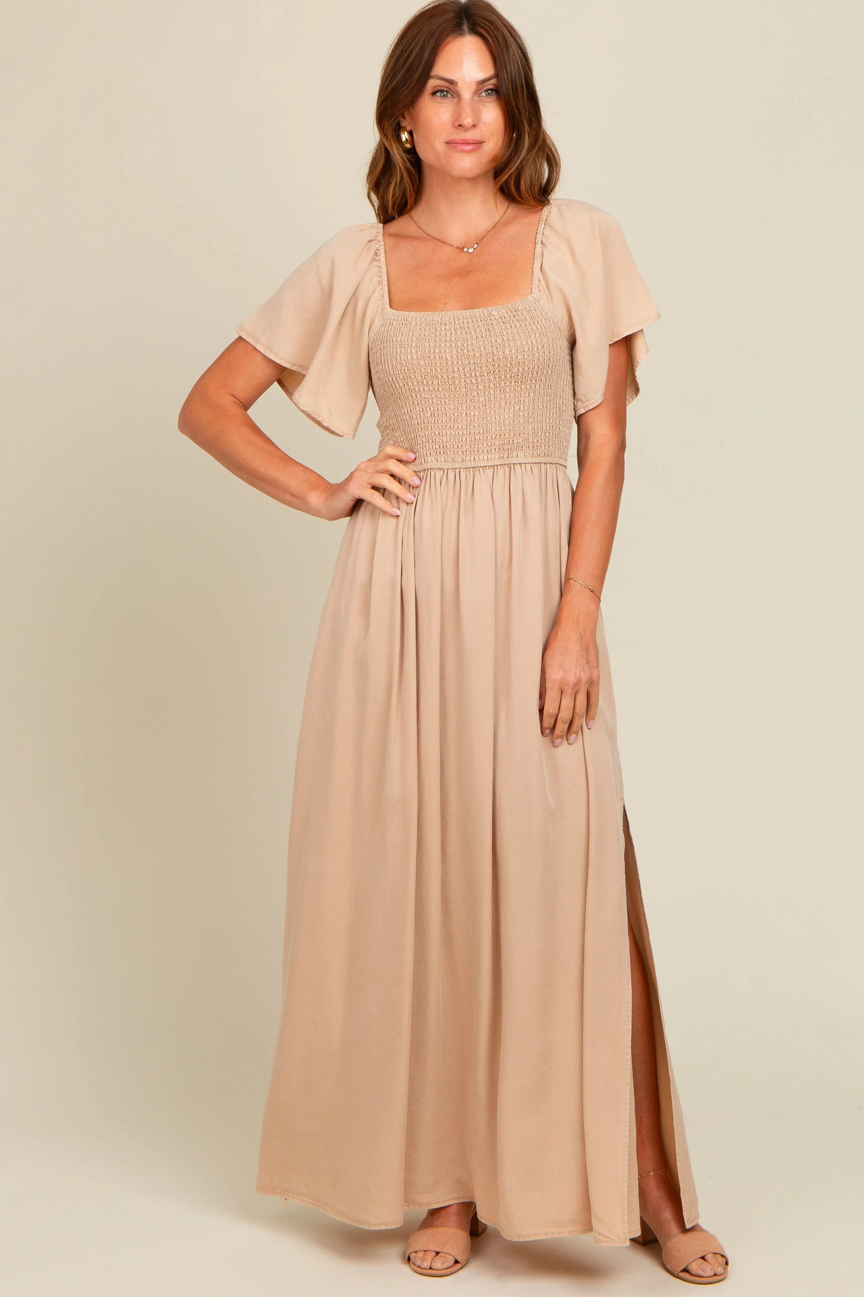 PinkBlush Beige Chambray Smocked Maternity Maxi Dress - 