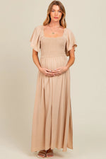 PinkBlush Beige Chambray Smocked Maternity Maxi Dress - 