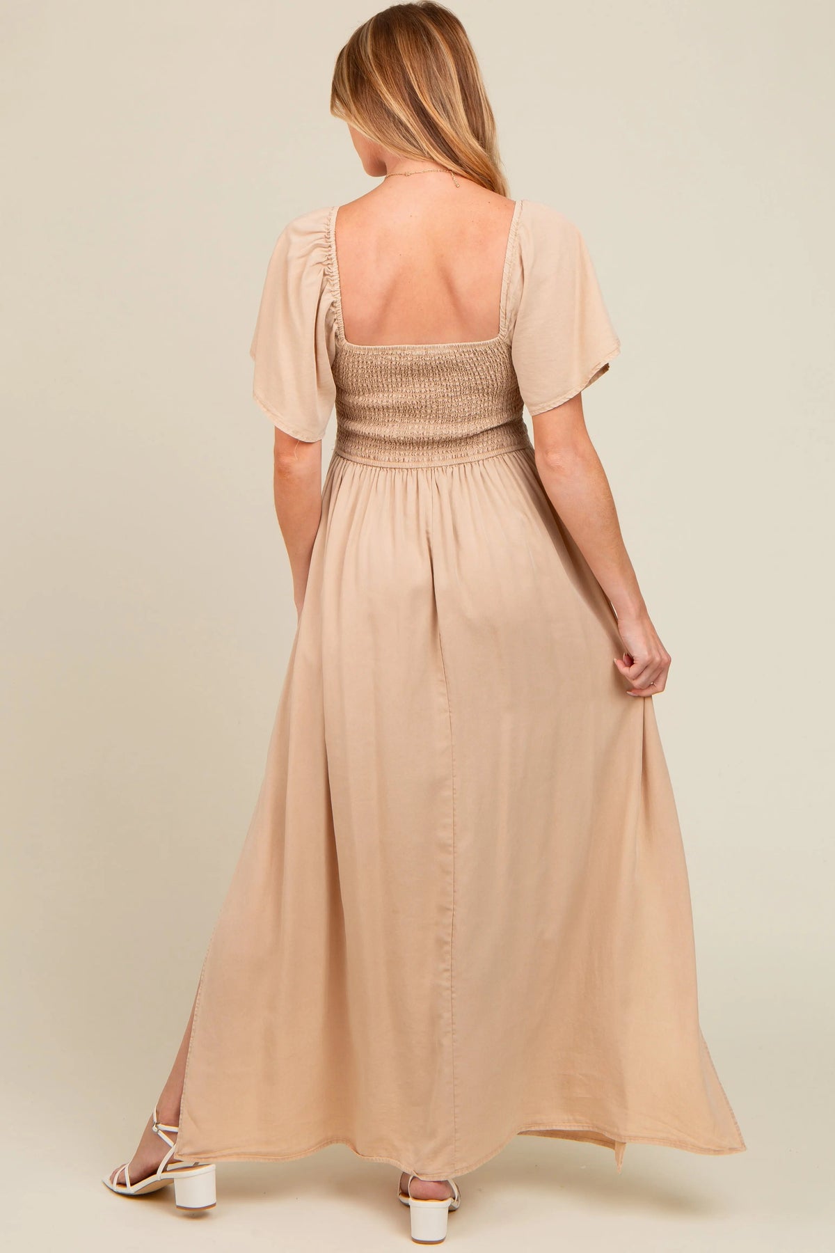 PinkBlush Beige Chambray Smocked Maternity Maxi Dress - 