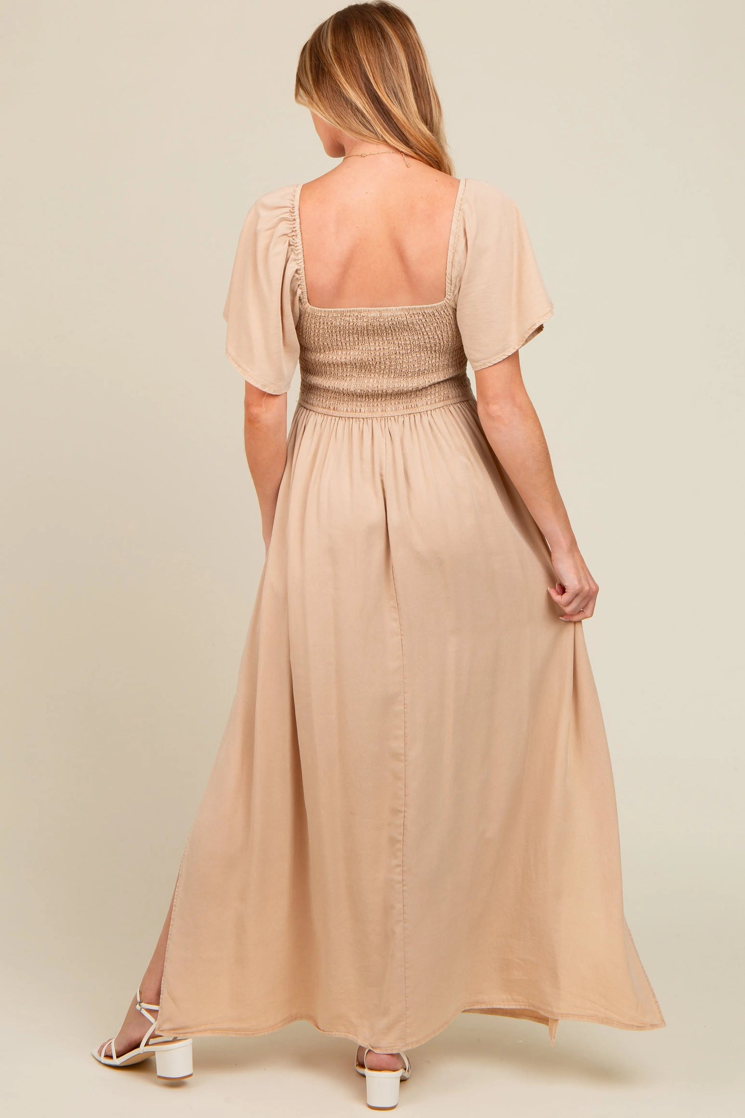 PinkBlush Beige Chambray Smocked Maternity Maxi Dress - 