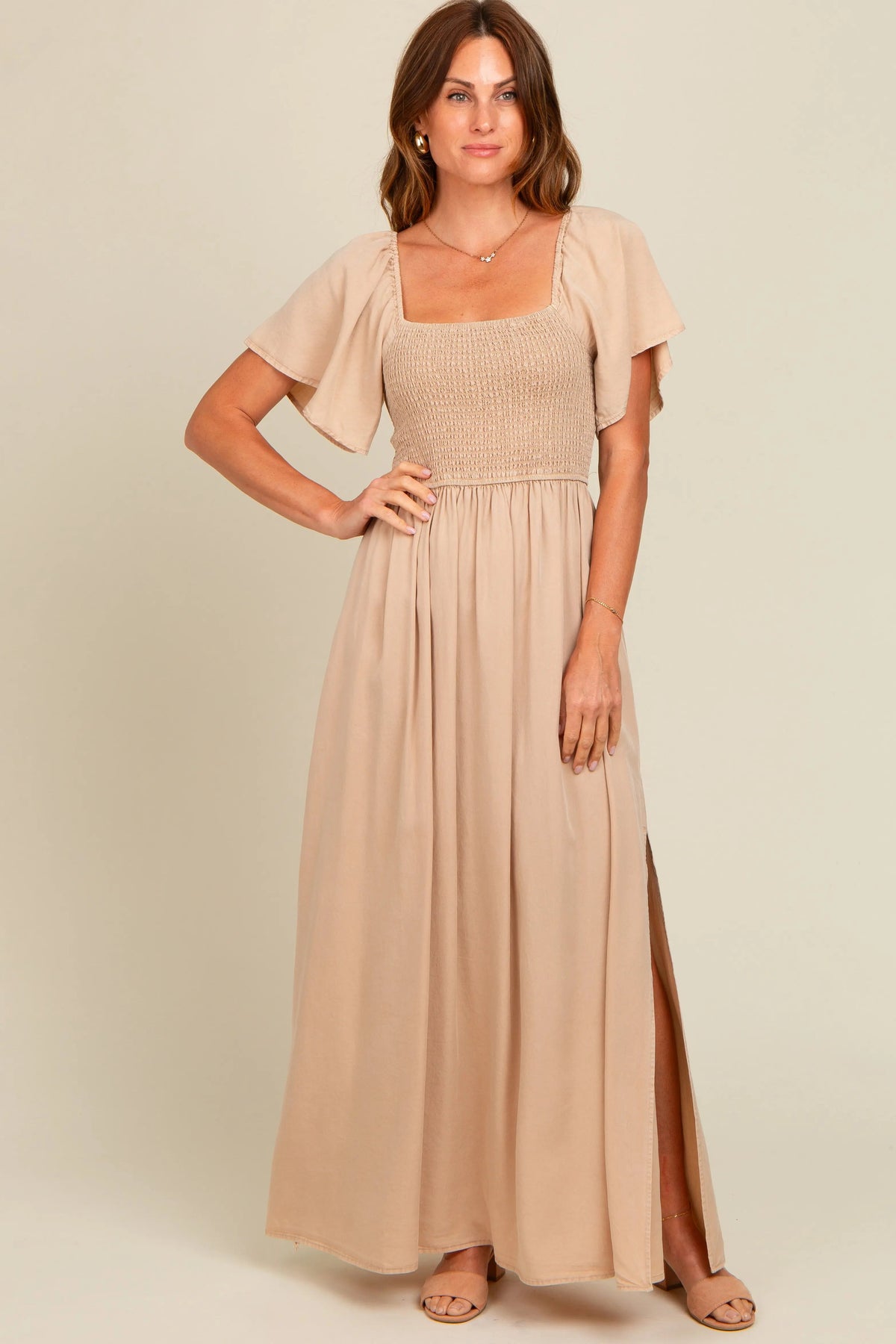 Beige Chambray Smocked Maxi Dress - Dress, Brown, Gown, Waist, Day Dress | Everetts Place
