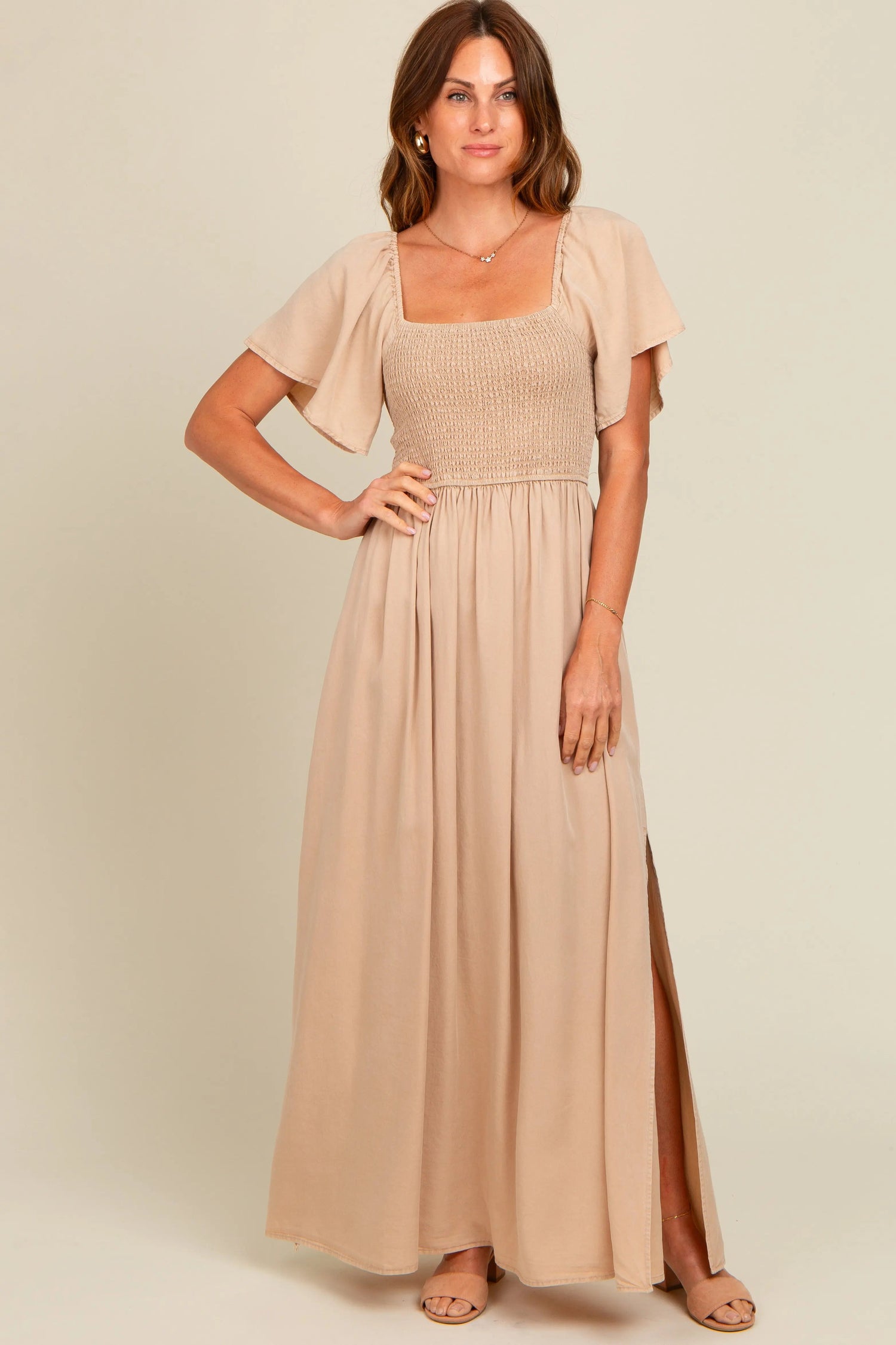 Beige Chambray Smocked Maxi Dress - Dress, Brown, Gown, Waist, Day Dress | Everetts Place